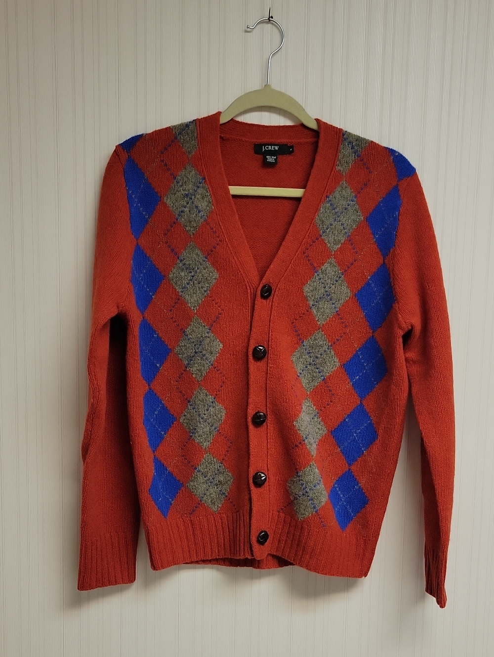 J. Crew Men's Rust Argyle V-Neck Cardigan Sweater Small Academia Grandpa Preppy
